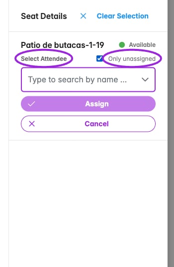 Single-seat assignment with Select Attendee and Only unassigned highlighted