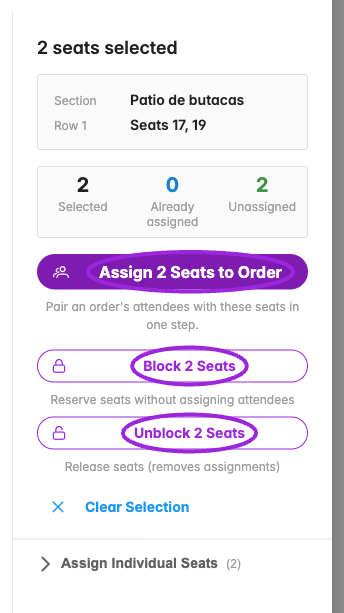 Two-seat selection with Assign Seats to Order, Block, and Unblock highlighted