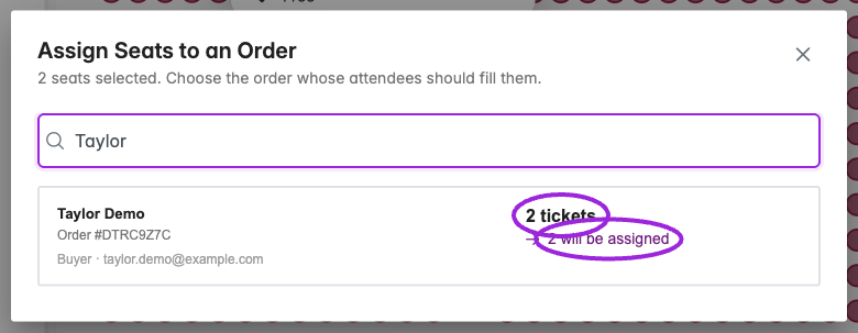 Order search finds two Taylor Demo tickets for the selected seats