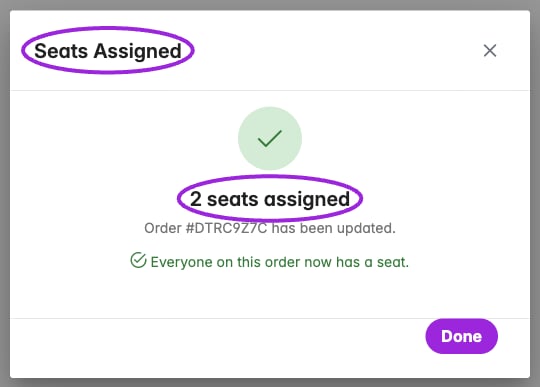 Seats Assigned confirmation for two Demo attendees