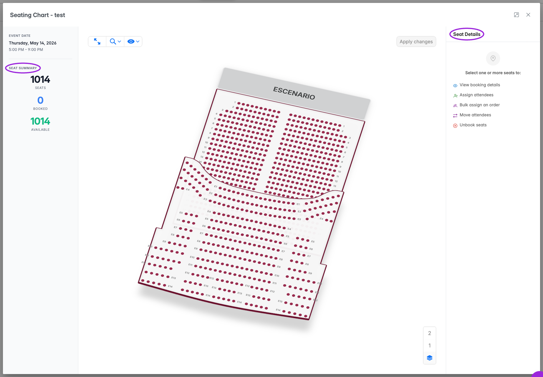 Current attendee seating map with Seat Summary and Seat Details highlighted