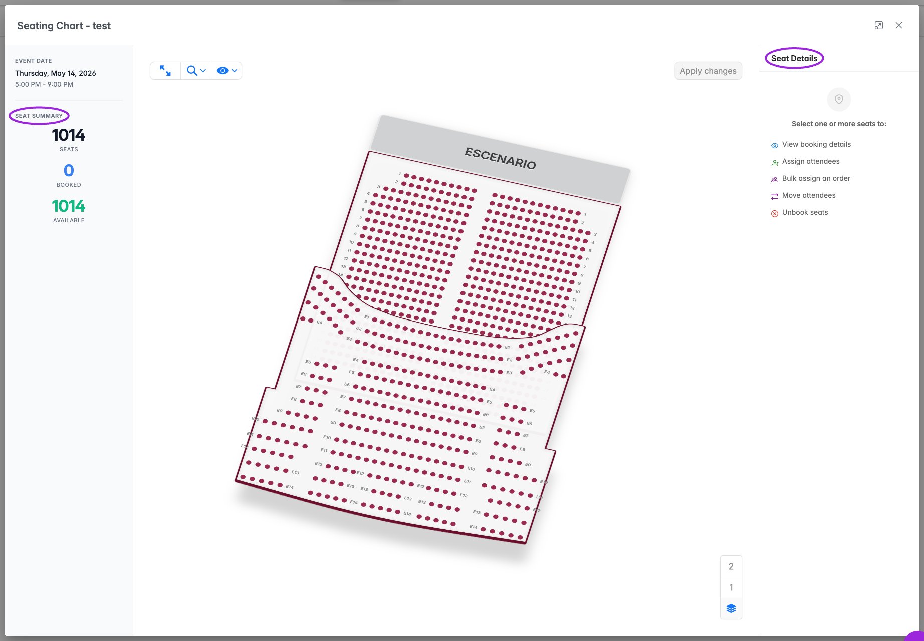 Current attendee seating map with Seat Summary and Seat Details highlighted