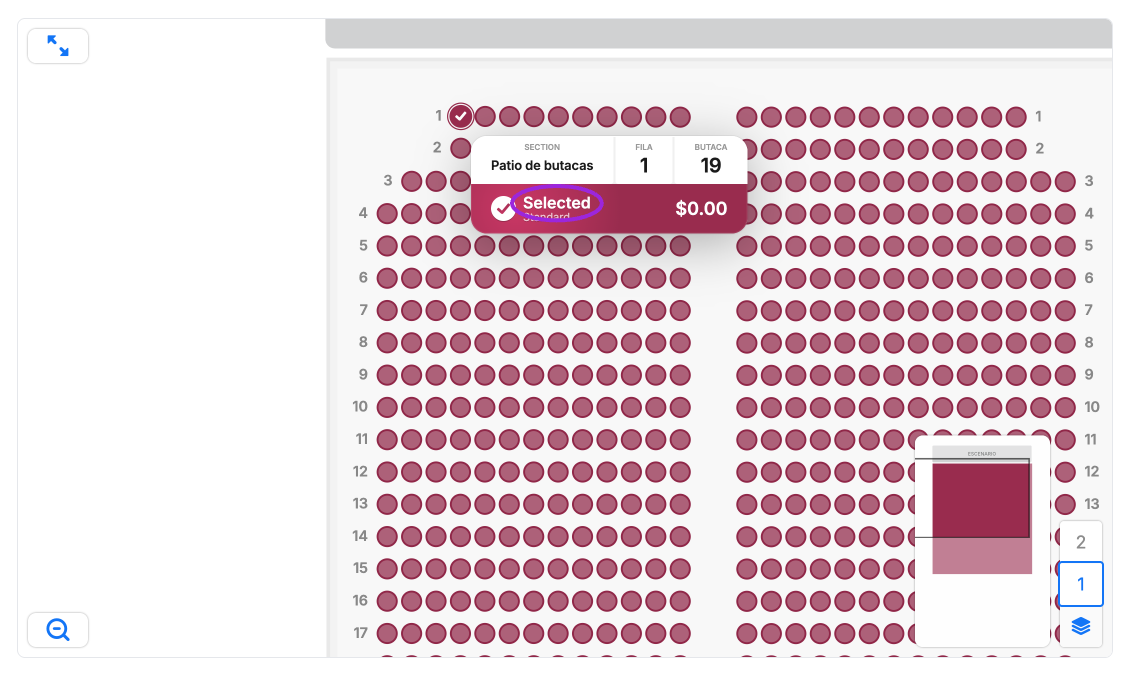 Buyer map showing selected seat Patio de butacas-1-19