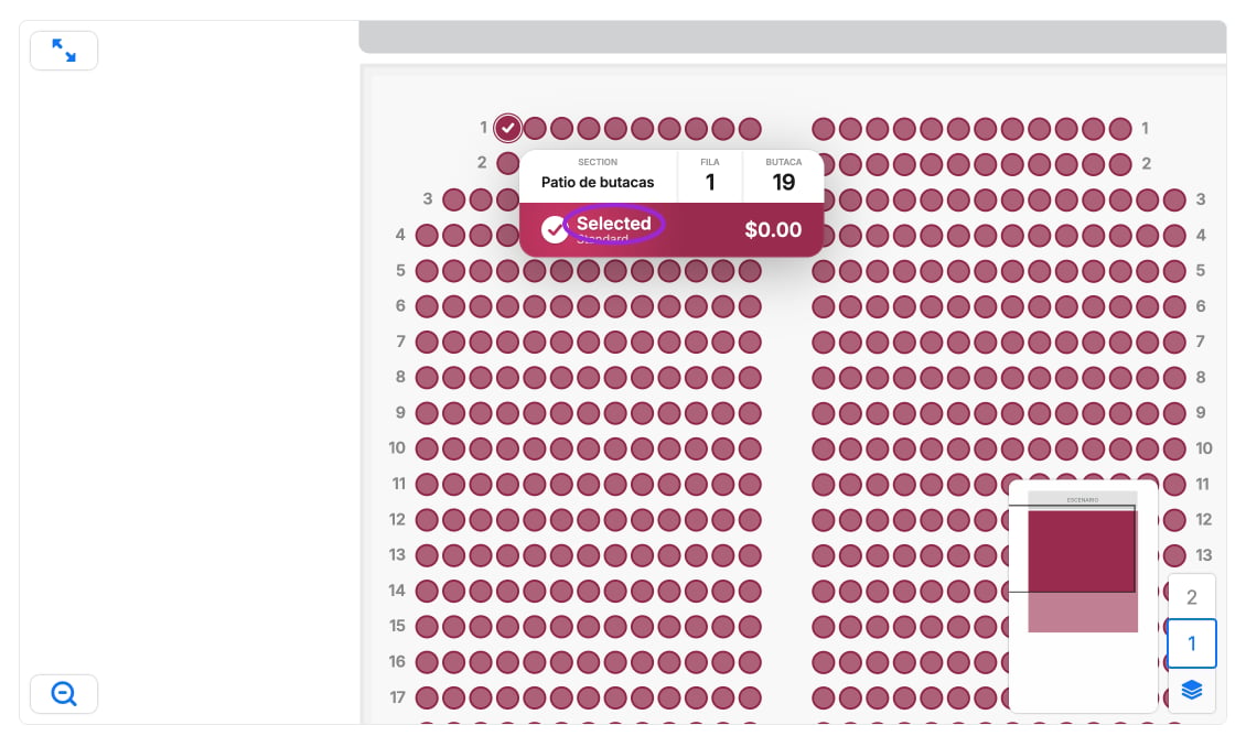 Buyer map showing selected seat Patio de butacas-1-19