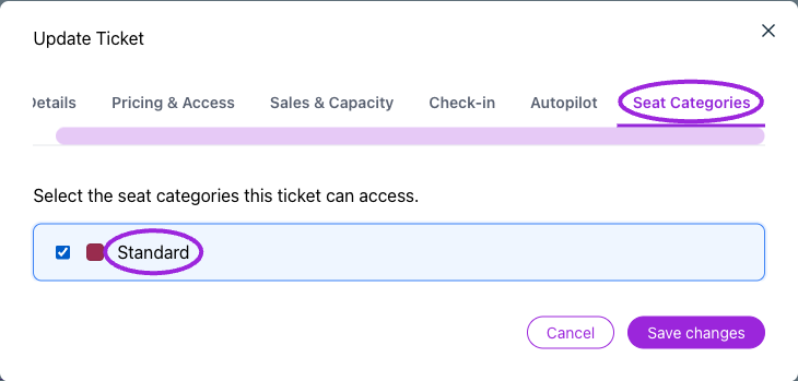 In each ticket’s Seat Categories tab, select every category that ticket can book. Multiple ticket types can share one category; prices are set in Pricing & Access.
