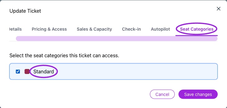 In each ticket’s Seat Categories tab, select every category that ticket can book. Multiple ticket types can share one category; prices are set in Pricing & Access.