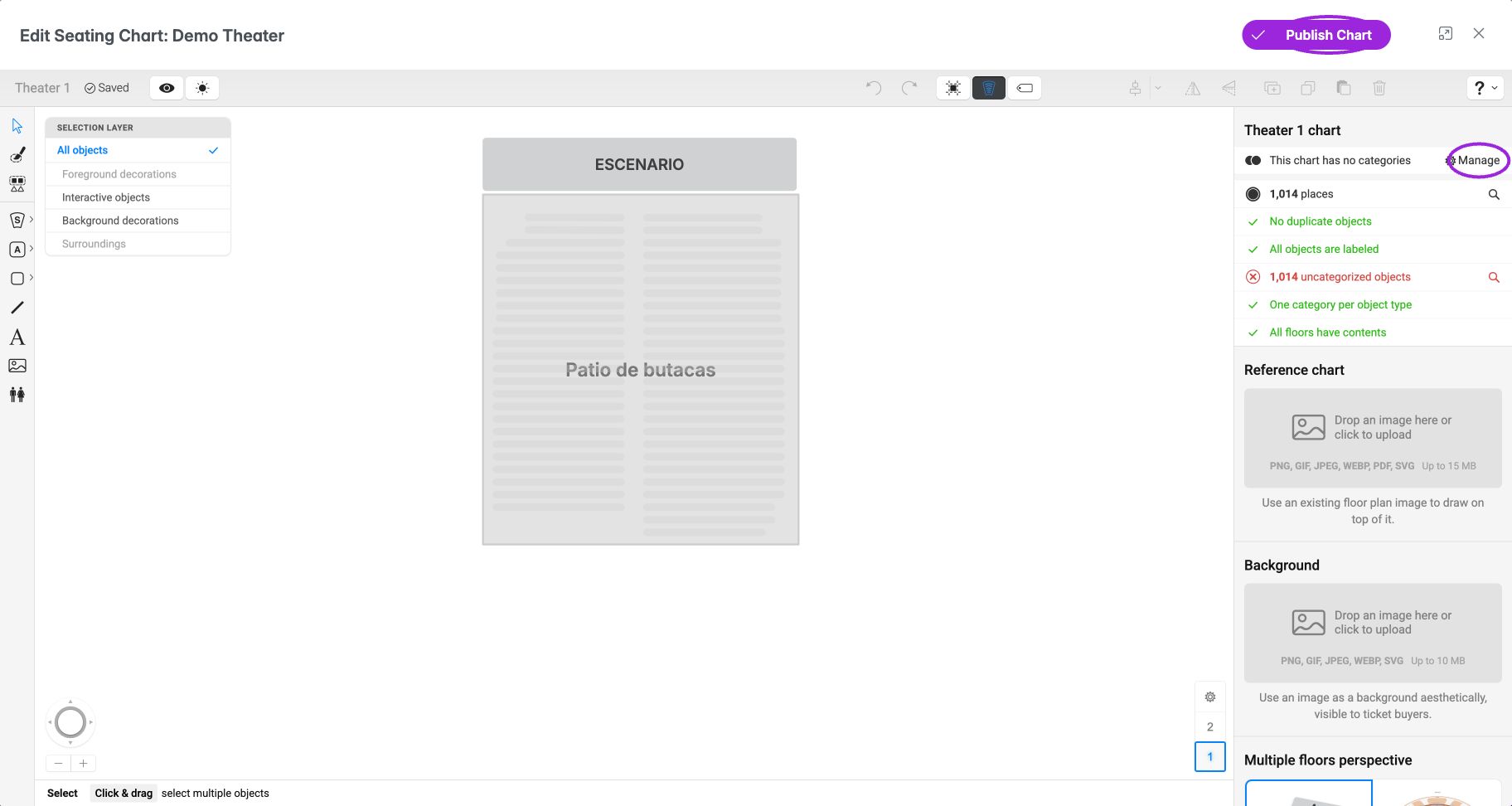 The designer reports uncategorized seats before publishing. Use Manage to create categories, assign every bookable object, then Publish Chart.