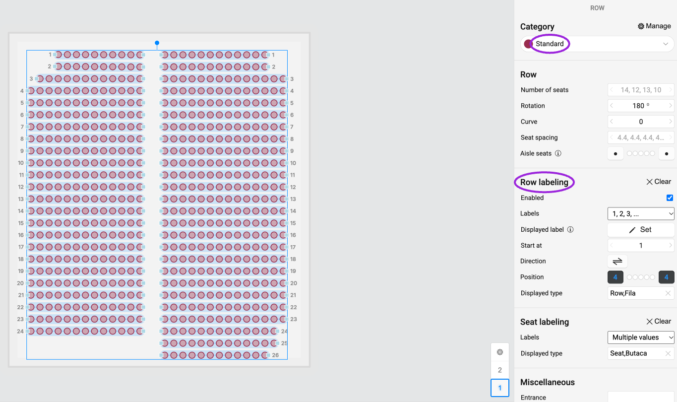 Select rows or seats and choose a Category. The same properties panel controls row and seat labels, spacing and orientation.