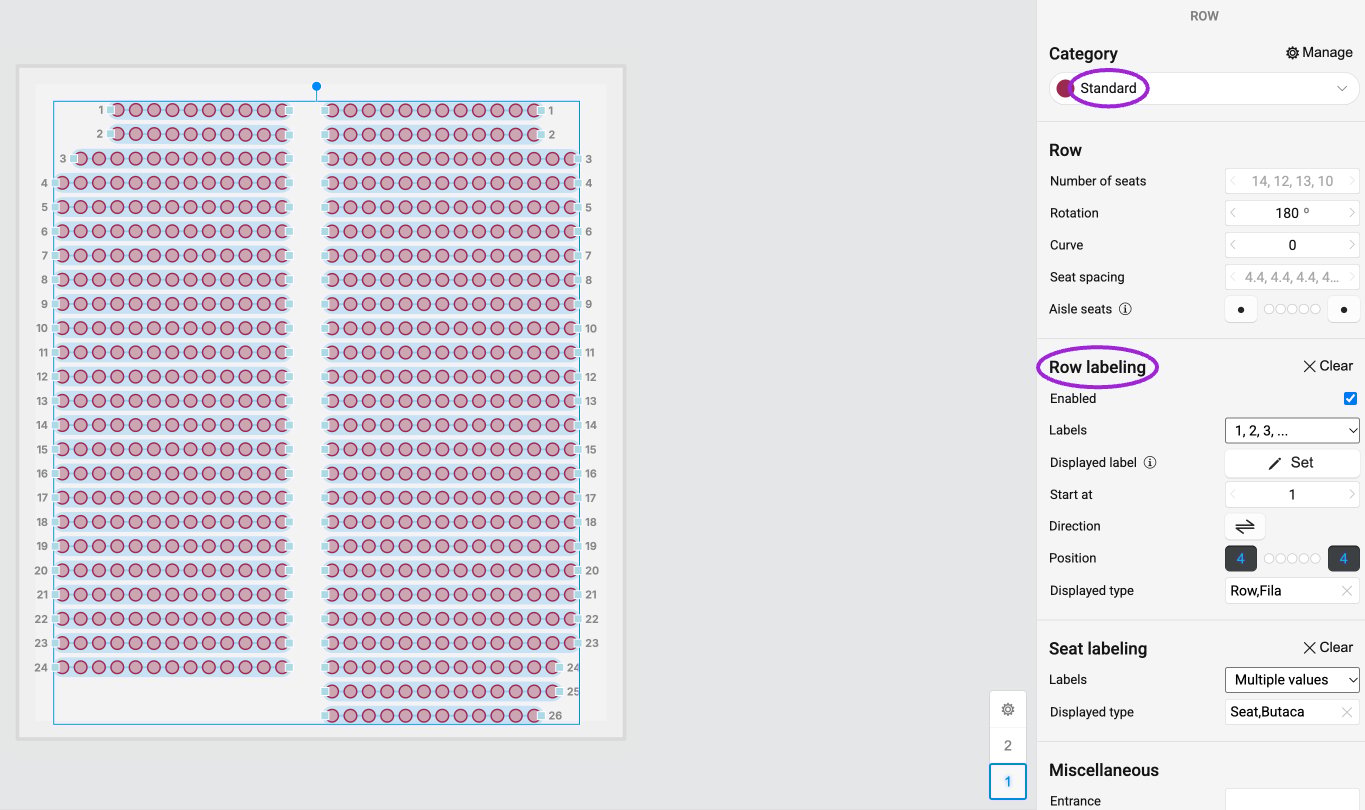 Select rows or seats and choose a Category. The same properties panel controls row and seat labels, spacing and orientation.