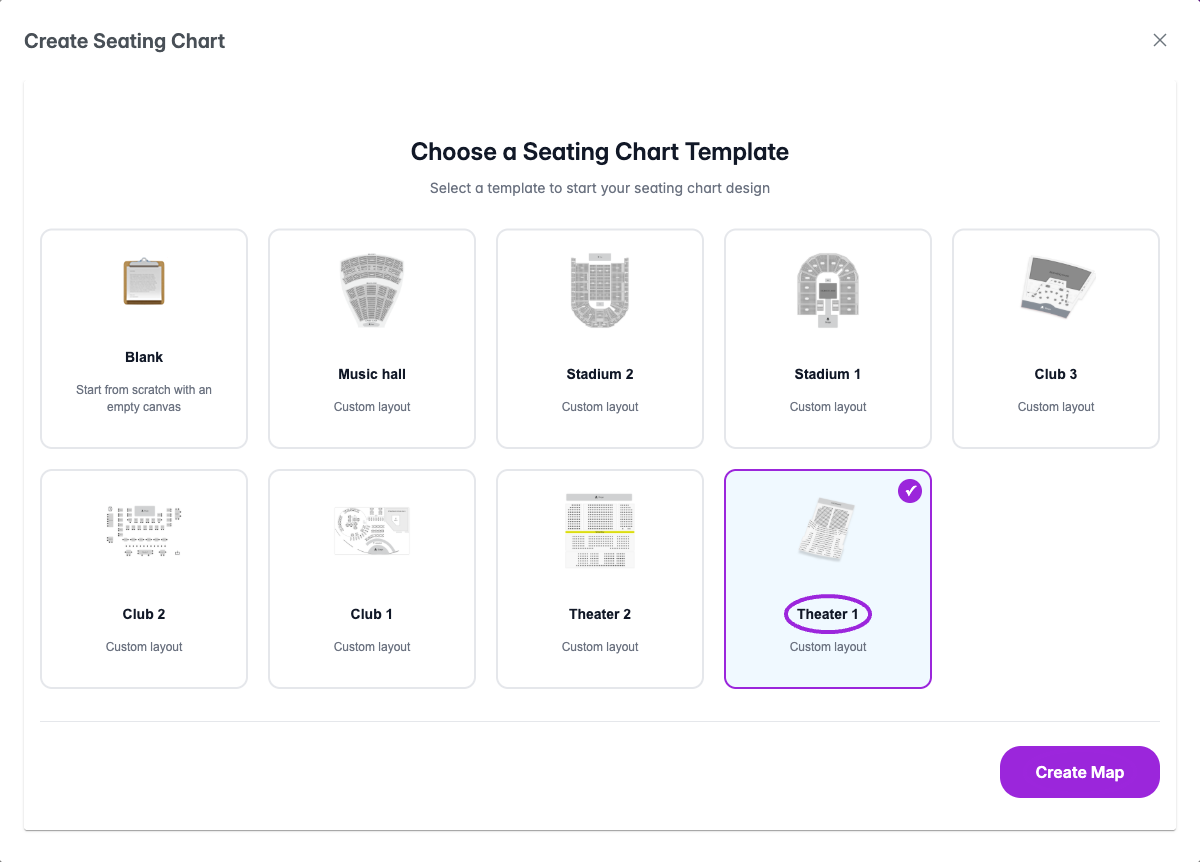 Choose Blank or a venue template, then select Create Map. If the designer does not open automatically, use the new chart’s actions menu → Edit.