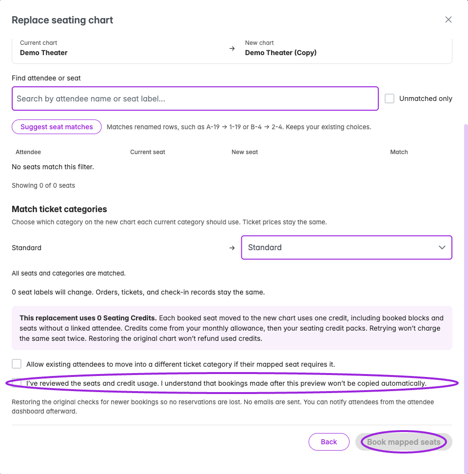 Review category matching, Seating Credit usage, and the acknowledgement before Book mapped seats. This empty Demo event requires 0 credits; the replacement has not been booked or activated.