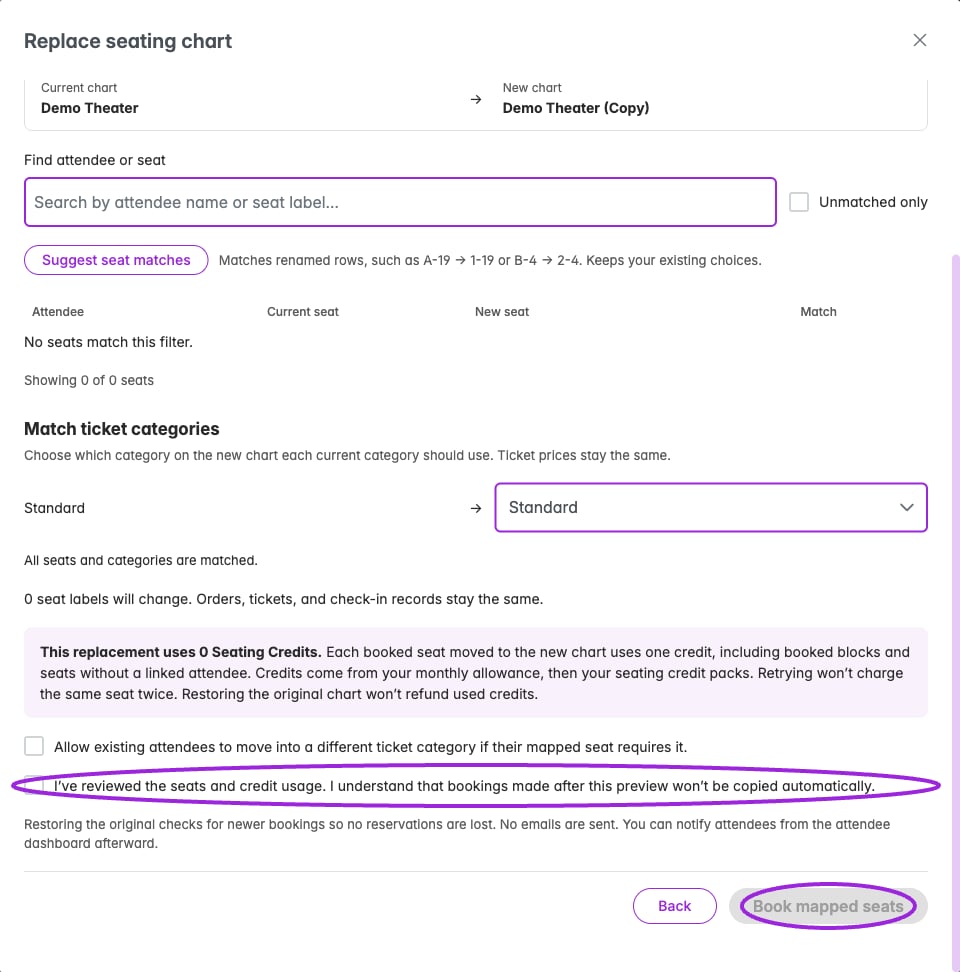 Review category matching, Seating Credit usage, and the acknowledgement before Book mapped seats. This empty Demo event requires 0 credits; the replacement has not been booked or activated.