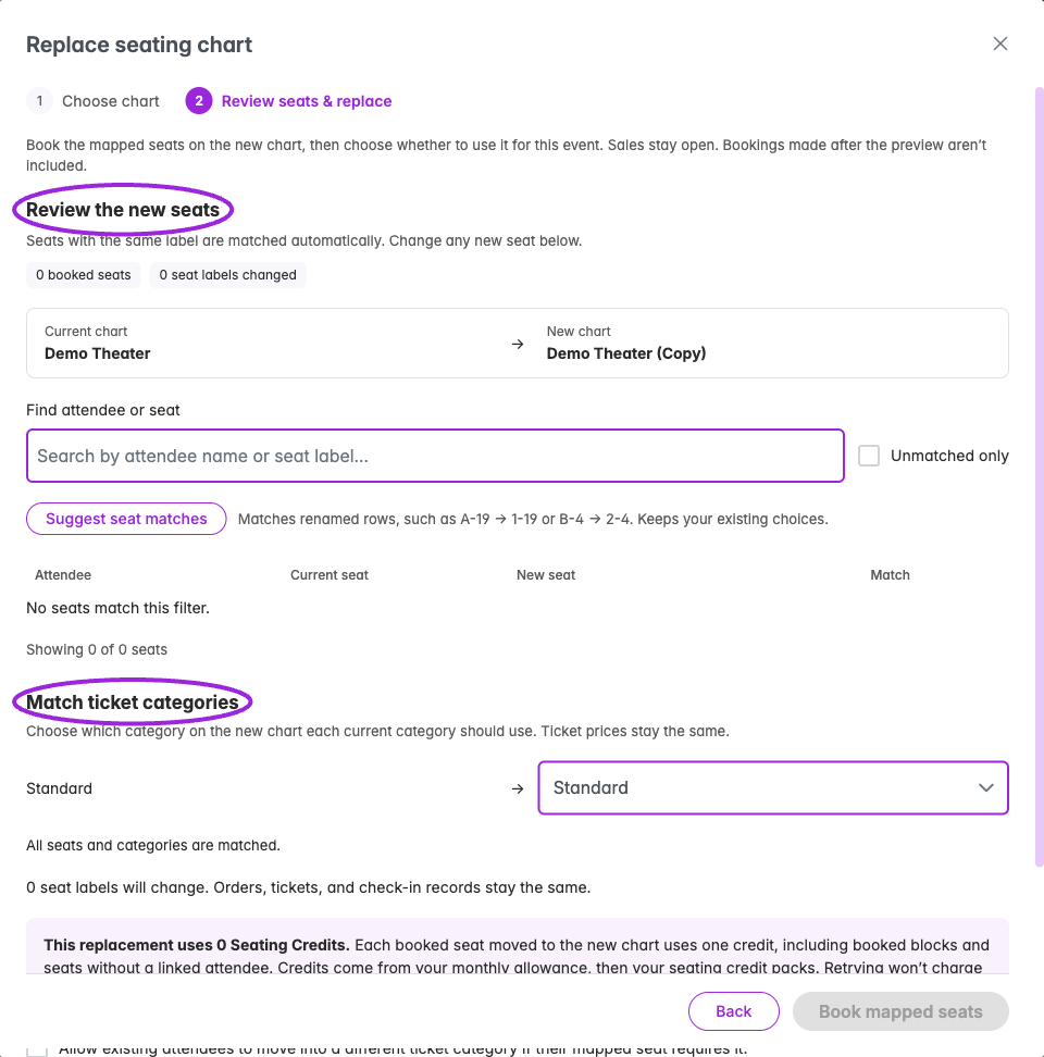 The replacement review shows matched seats and category mapping before any booking. This empty demo event has no seats to move; a sold event lists its existing bookings here.