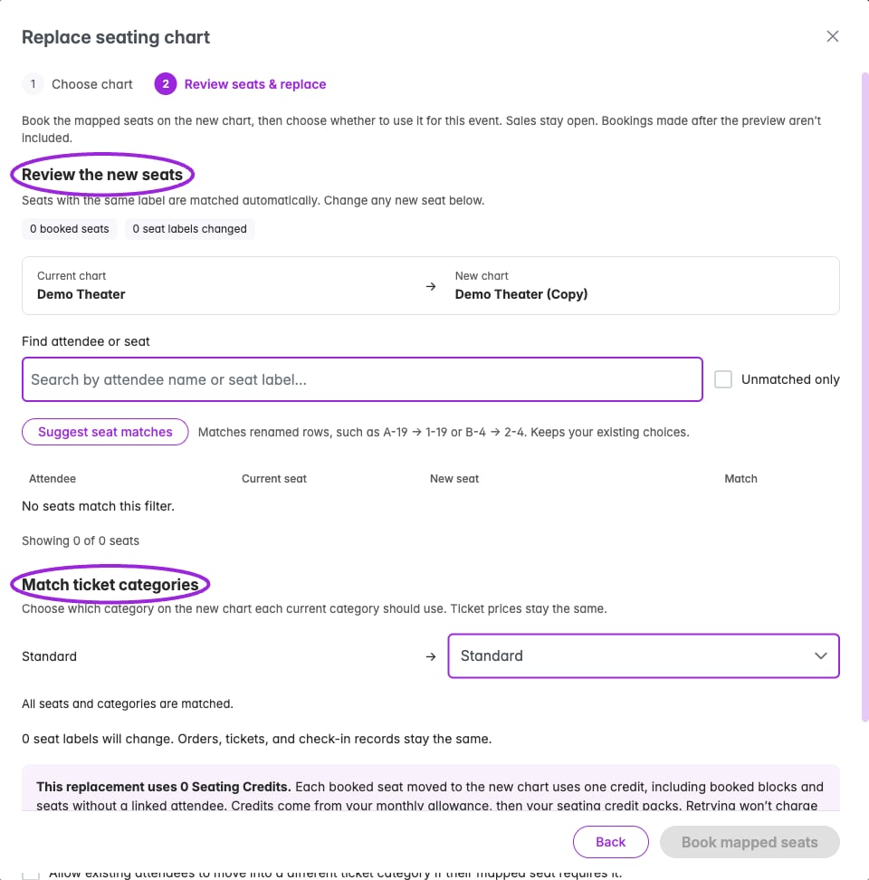 The replacement review shows matched seats and category mapping before any booking. This empty demo event has no seats to move; a sold event lists its existing bookings here.