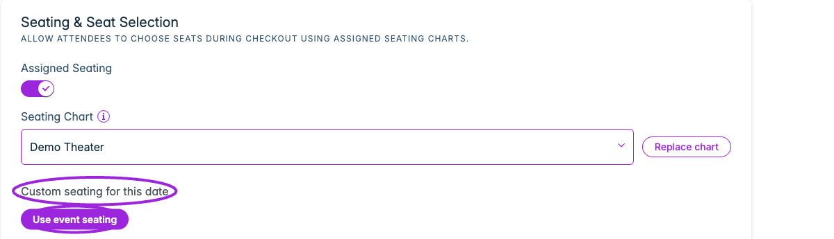 Custom seating for this date and Use event seating action highlighted