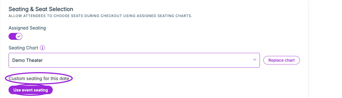 Custom seating for this date and Use event seating action highlighted