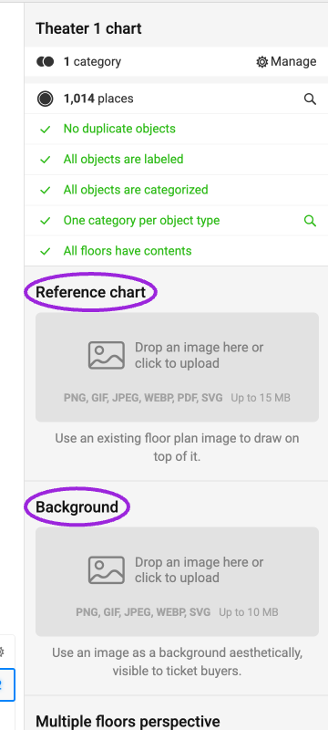A Reference chart is a guide for drawing the venue. A Background image is decorative and visible to buyers; neither upload creates seats.