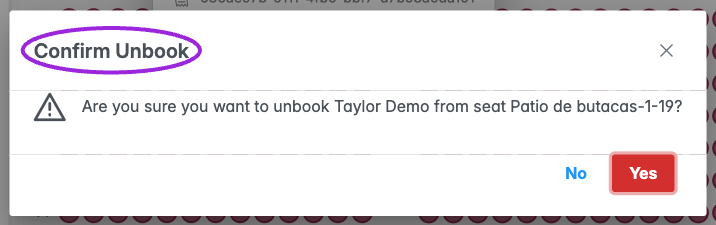 Confirm Unbook with No and Yes choices