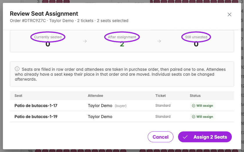 Review Seat Assignment showing currently seated, after assignment, and still unseated totals