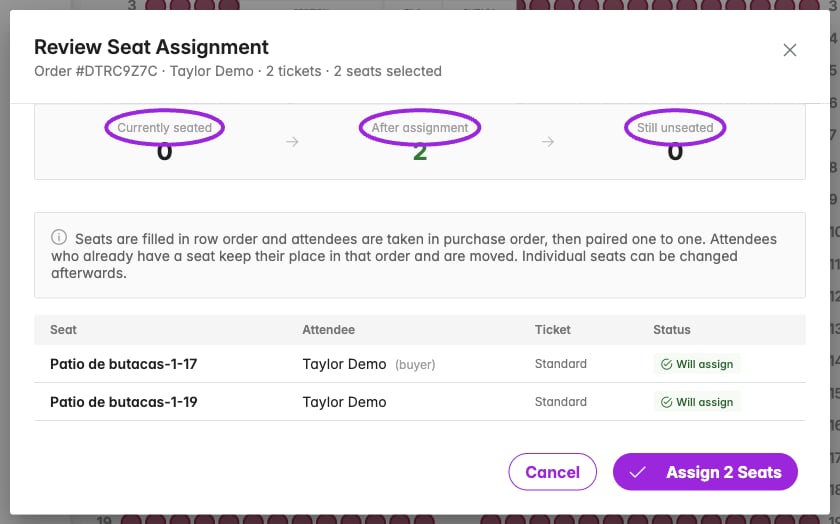 Review Seat Assignment showing currently seated, after assignment, and still unseated totals