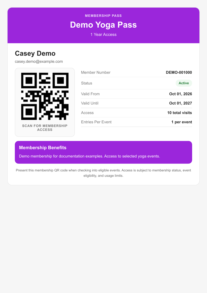 Actual Demo Yoga Pass PDF showing member number, validity, QR code, and ten-visit allowance
