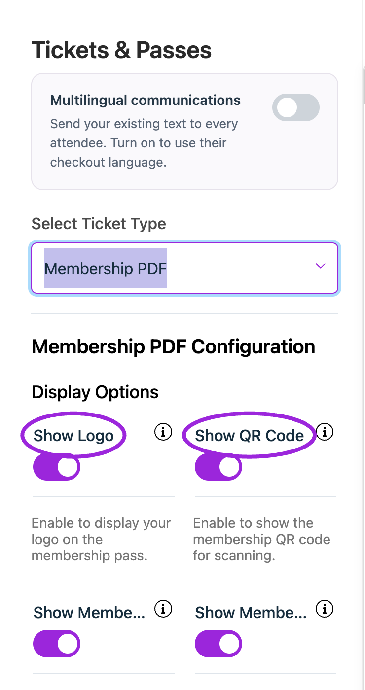 In Design → Tickets & Passes, choose Membership PDF to configure its labels, visibility, and appearance. This is the current configuration panel.