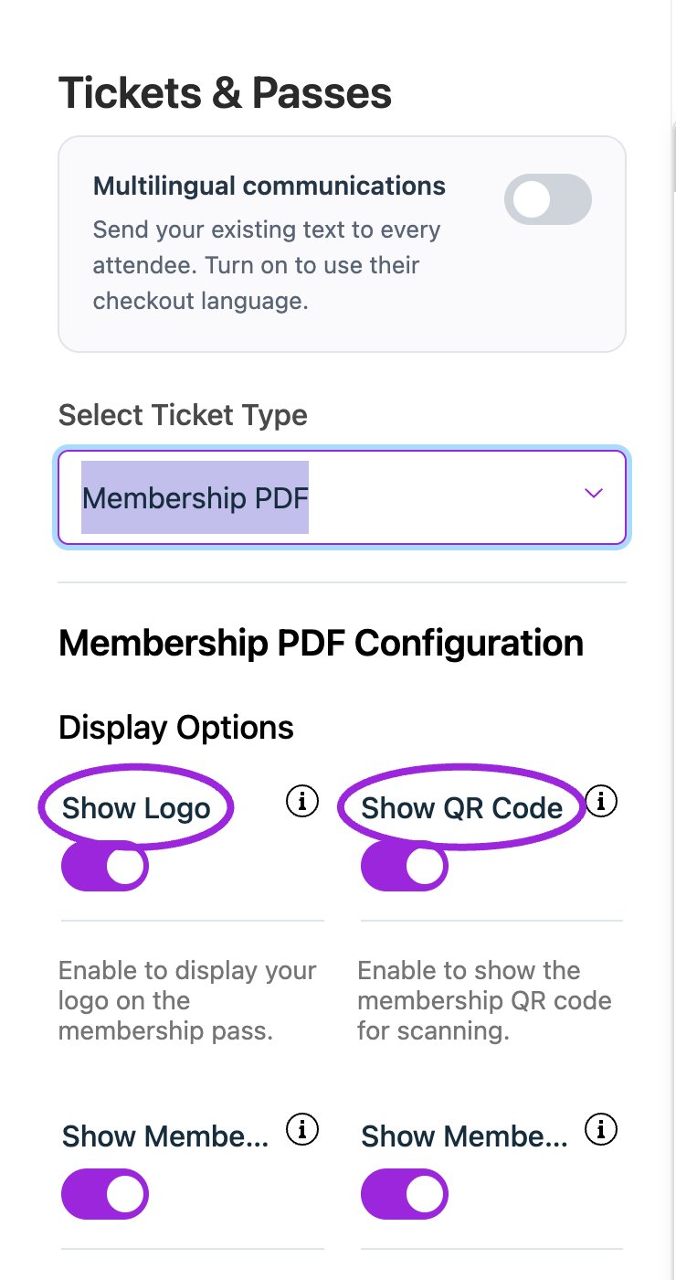 In Design → Tickets & Passes, choose Membership PDF to configure its labels, visibility, and appearance. This is the current configuration panel.