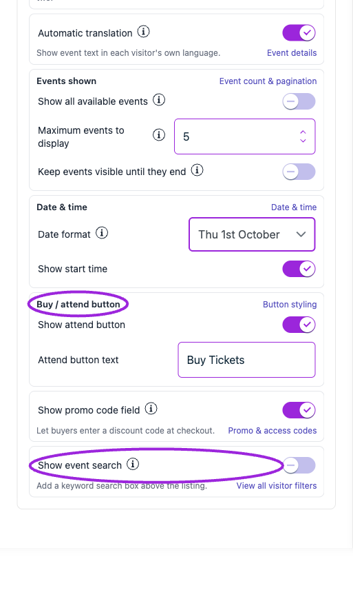Lower Quick Settings cards include date/time, the attend button, promo-code entry, and event search. Their links open the related full settings.