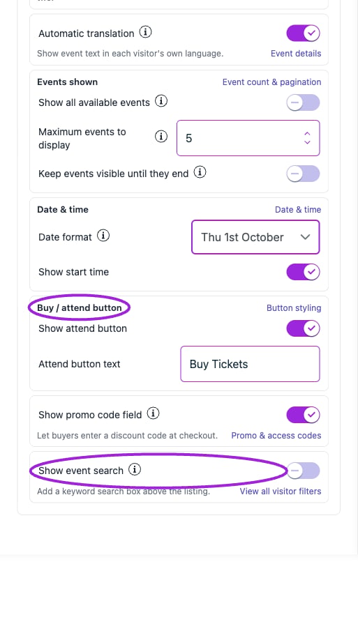 Lower Quick Settings cards include date/time, the attend button, promo-code entry, and event search. Their links open the related full settings.