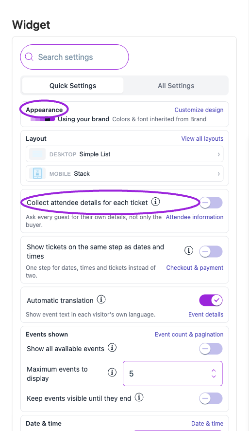 Quick Settings groups common layout, checkout, language, event-count, date, and button controls. Use each card’s link to open its full settings section.