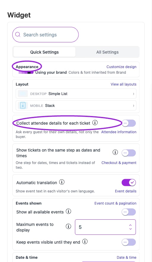 Quick Settings groups common layout, checkout, language, event-count, date, and button controls. Use each card’s link to open its full settings section.