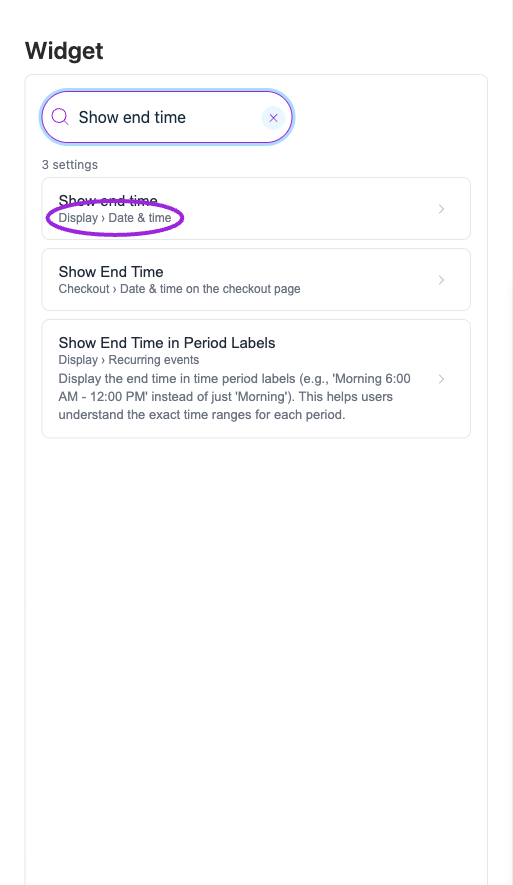 Search results include the category and section, so similarly named widget and checkout controls can be distinguished.