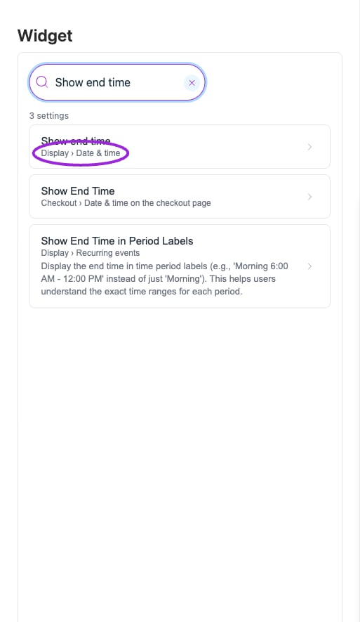 Search results include the category and section, so similarly named widget and checkout controls can be distinguished.