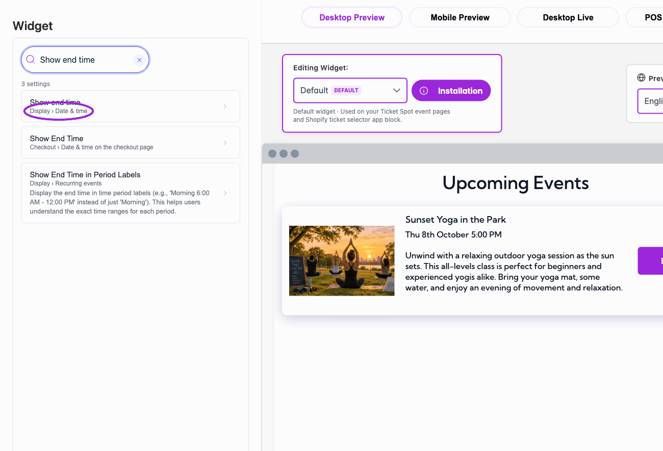 Settings search for Show end time opens Display → Date & time and highlights the matching control.