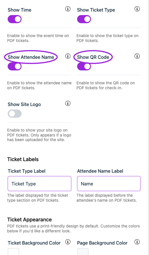 Ticket PDF → Basic visibility settings include attendee name, QR code, and site logo. Review the ticket labels and colors below.