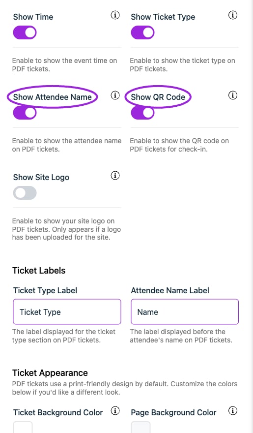 Ticket PDF → Basic visibility settings include attendee name, QR code, and site logo. Review the ticket labels and colors below.