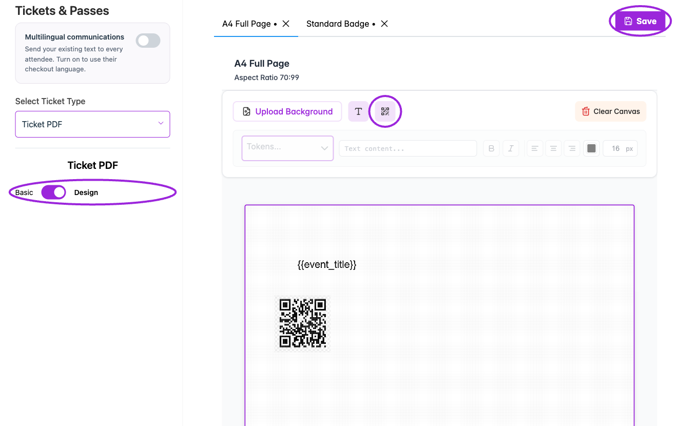 Design mode provides format tabs, text and QR placement, and a separate Save action. This demonstration layout has not been saved.