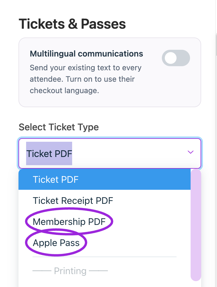 Ticket format menu with Membership PDF and Apple Pass circled