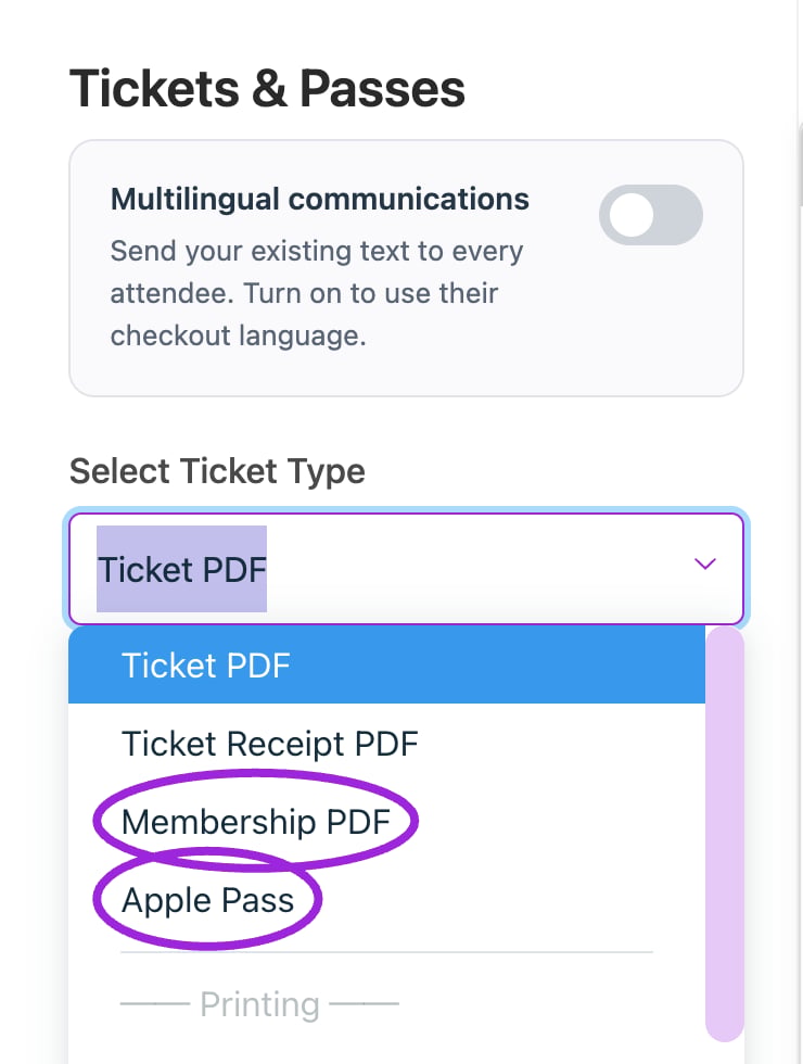 Ticket format menu with Membership PDF and Apple Pass circled