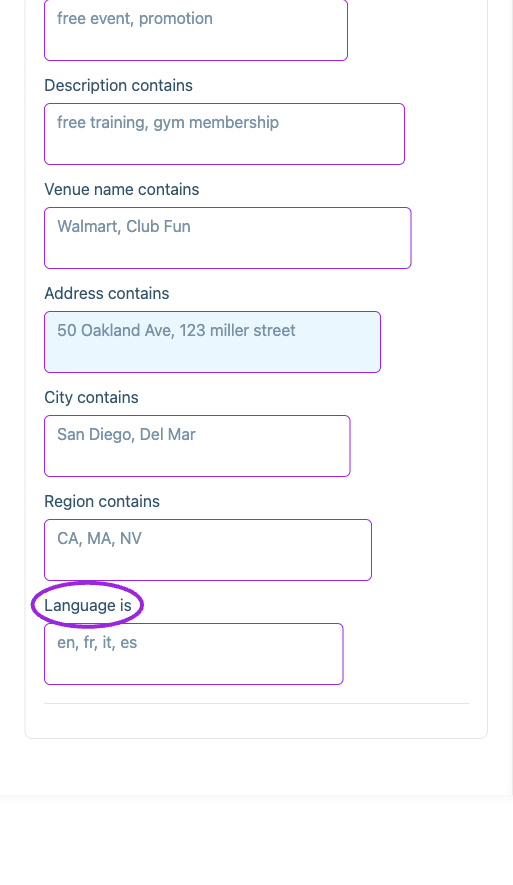 Advanced rules cover event format, title, summary, tags, description, venue, address, city, region, and language. Only filled rules participate in matching.