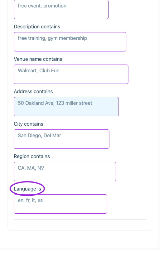 Advanced rules cover event format, title, summary, tags, description, venue, address, city, region, and language. Only filled rules participate in matching.