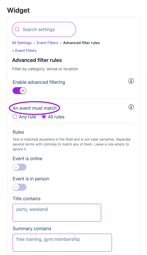 Enable advanced filtering and choose Any rule or All rules. Text matches are case-insensitive; separate several terms with commas and leave unused rules blank.