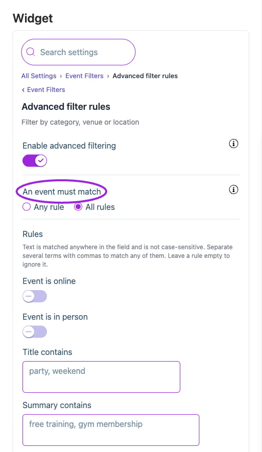 Enable advanced filtering and choose Any rule or All rules. Text matches are case-insensitive; separate several terms with commas and leave unused rules blank.