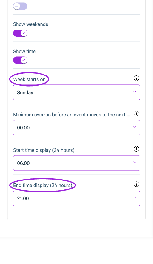 Choose the first weekday, next-day overrun threshold, and visible start/end hours. These affect the calendar display, not event times or ticket sales windows.