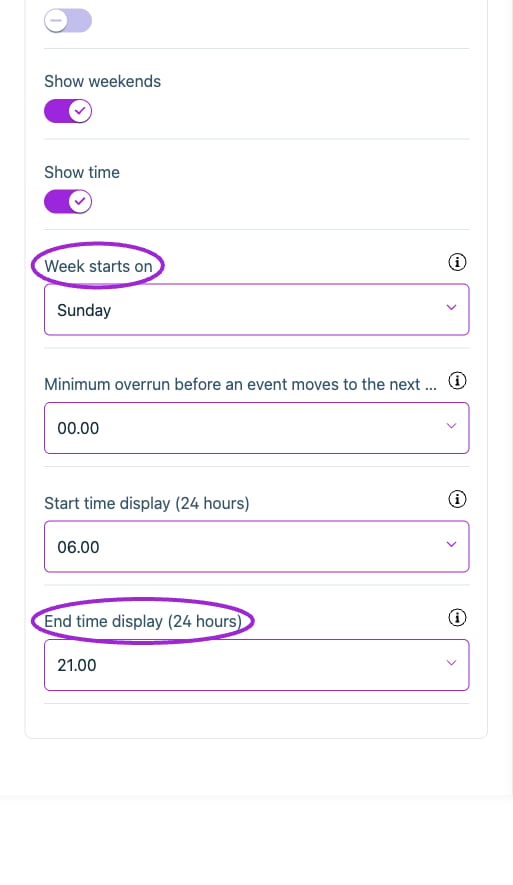 Choose the first weekday, next-day overrun threshold, and visible start/end hours. These affect the calendar display, not event times or ticket sales windows.