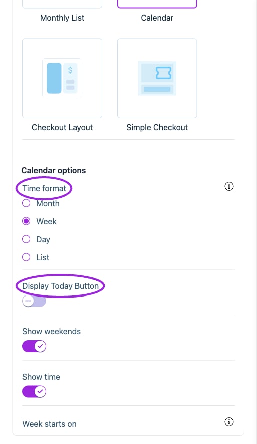 The Calendar layout adds calendar-specific controls. Time format selects the initial Month, Week, Day, or List view; it does not set a 12/24-hour clock.