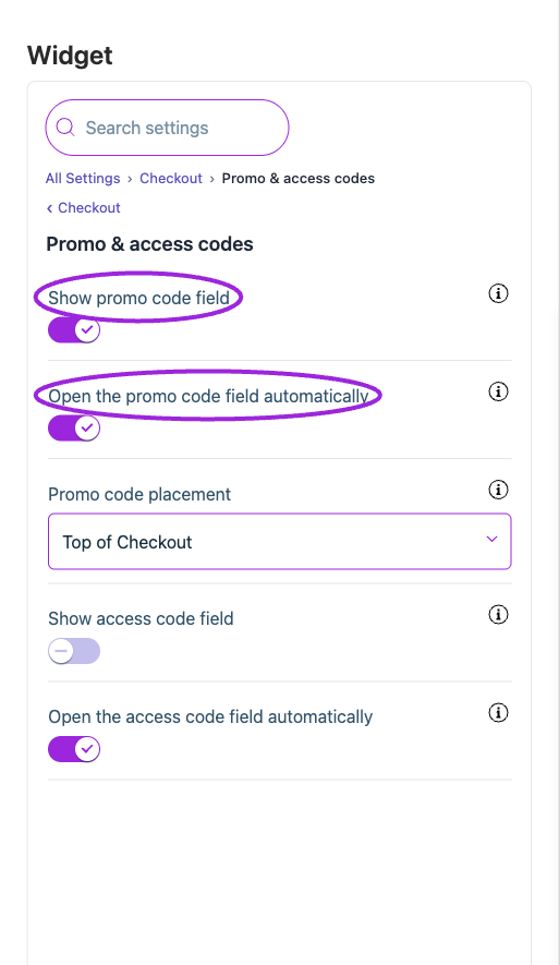 All Settings → Promo & access codes — Promo and access-code fields. The circles identify Show promo code field and Open the promo code field automatically.