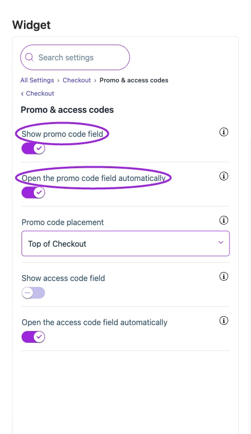 All Settings → Promo & access codes — Promo and access-code fields. The circles identify Show promo code field and Open the promo code field automatically.