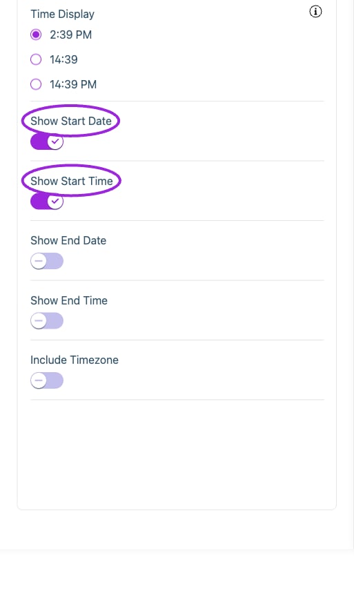 All Settings → Date & time — Checkout dates, availability and price summary. Continued controls. The circles identify Show Start Date and Show Start Time.