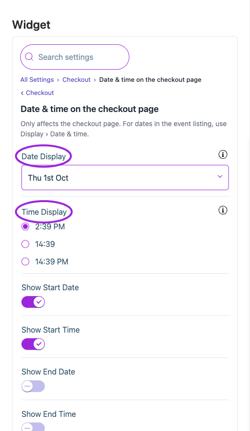 All Settings → Date & time — Checkout dates, availability and price summary. The circles identify Date Display and Time Display.